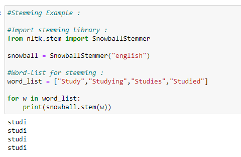 Code snippet showing an NLP stemming example.
