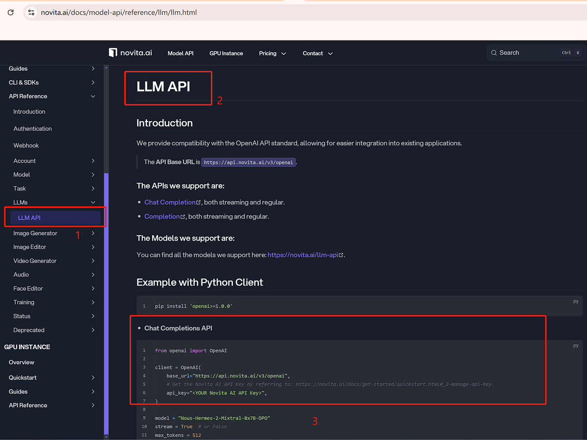 novita ai llm api reference