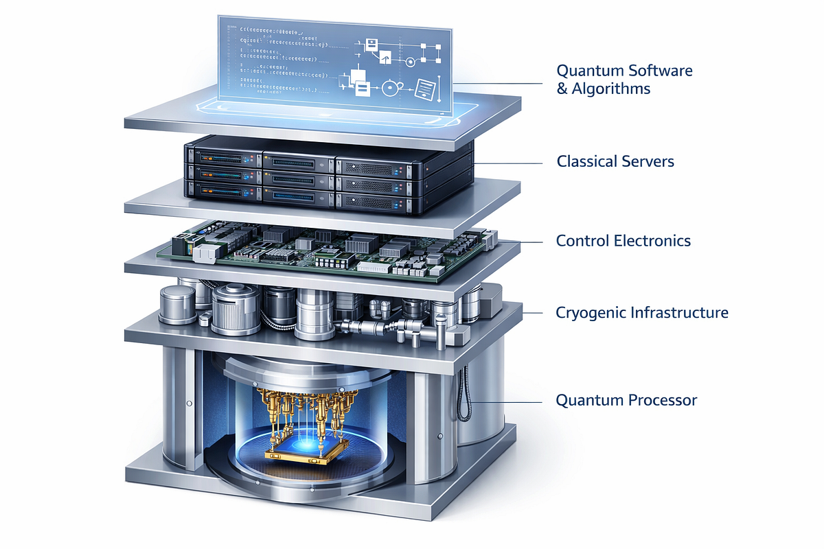 Layered diagram showing the full quantum computing stack from QPU and cryogenics to control electronics, classical computing, and software.