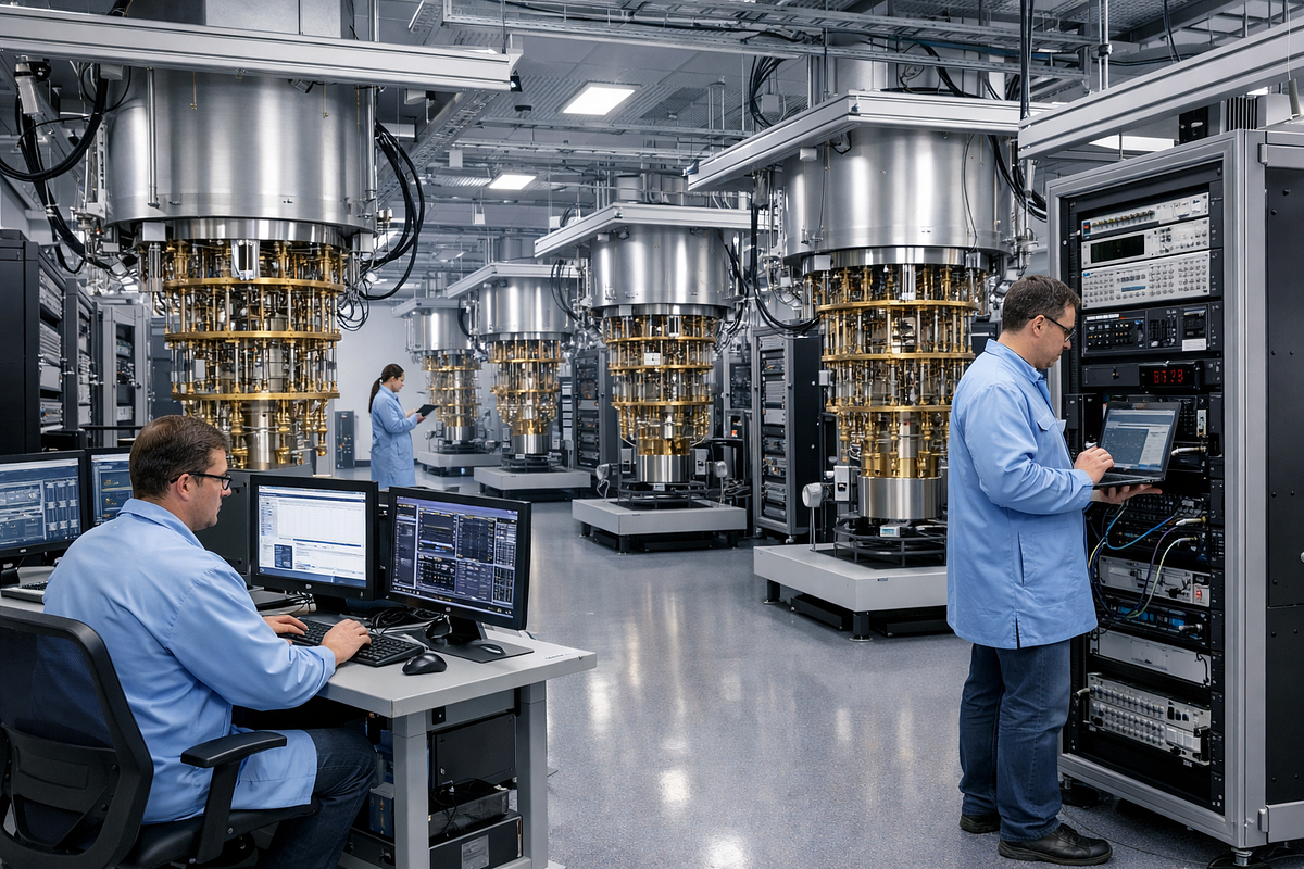 Large-scale quantum computing facility with multiple cryogenic systems and control infrastructure for future fault-tolerant machines.