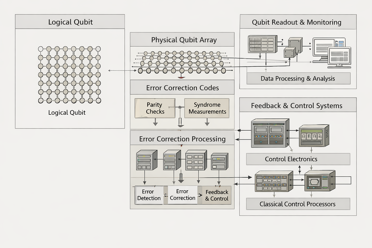 Illustration of fault-tolerant quantum computing showing error-corrected logical qubits built from many physical qubits.