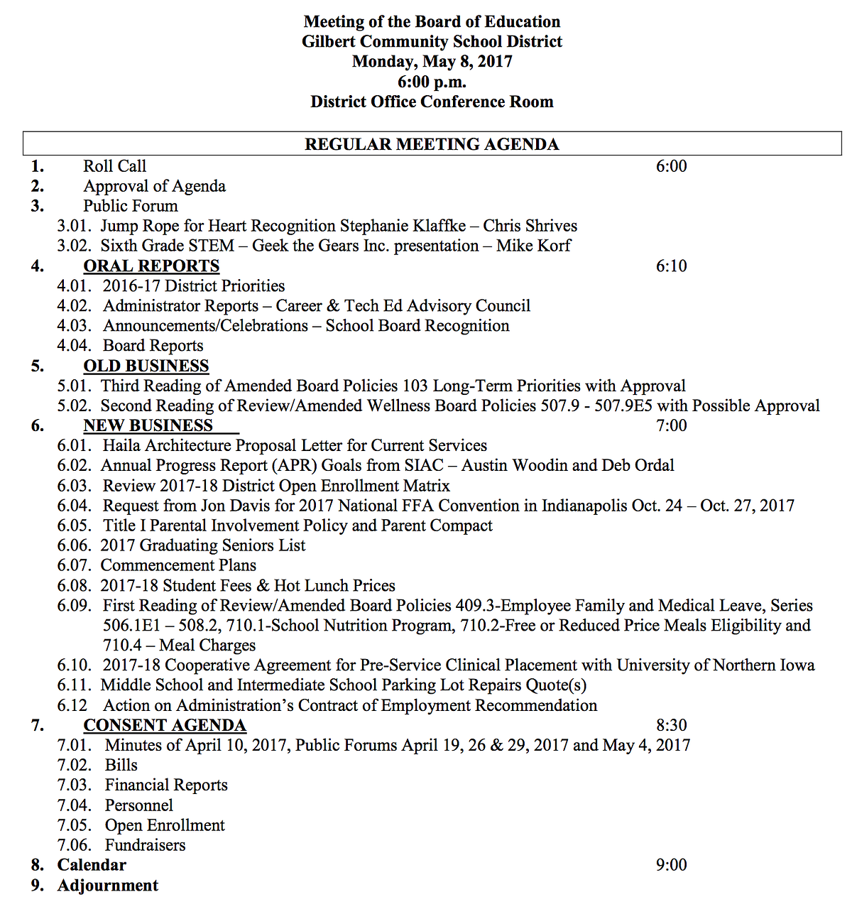 May 2017 School Board Meeting Notes from the Gilbert School Board