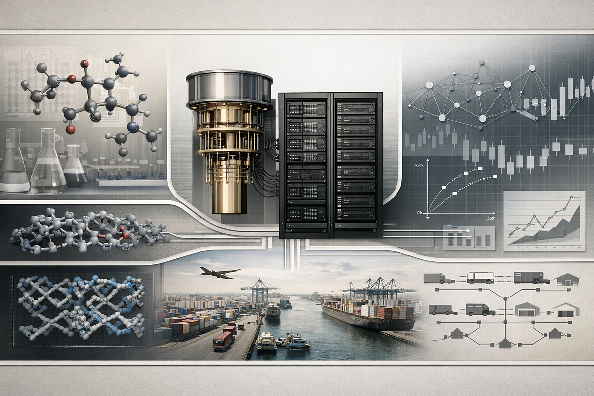 Visualization of early quantum computing application areas including drug discovery, logistics optimization, and financial modeling connected to hybrid computing systems.