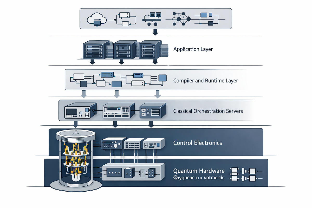 Diagram-style illustration of a full-stack quantum computing system showing hardware, control layers, software stack, and classical integration.