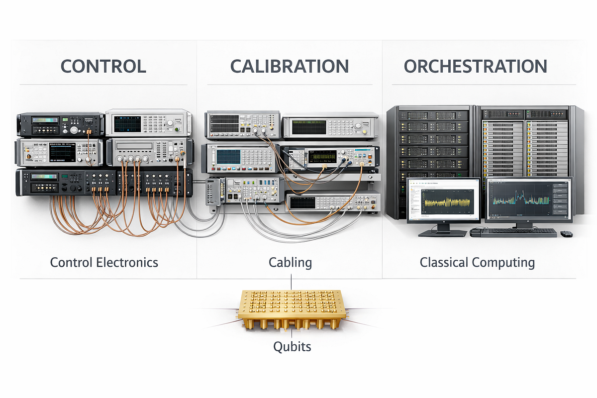Diagram illustrating that control, calibration, and orchestration infrastructure dominate quantum system architecture more than qubit hardware itself.