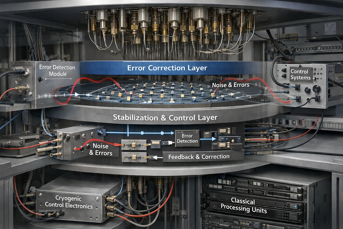 Visualization of quantum error correction challenges in scalable quantum computing systems.