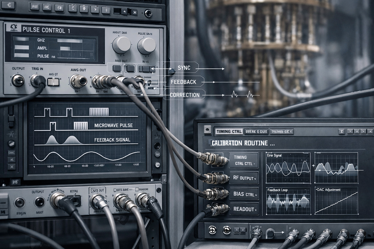 Visualization highlighting classical control and calibration systems that manage and stabilize quantum computing hardware.
