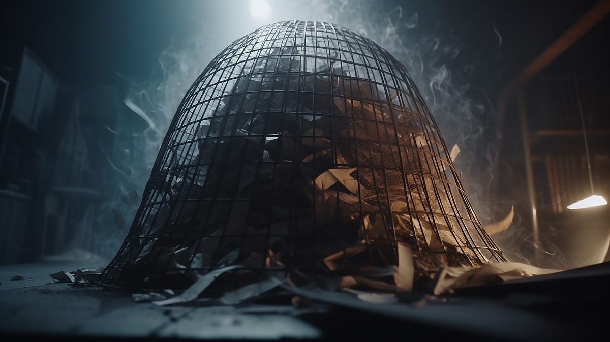 An image that shows a tornado of documents captured within a round iron cage visualizing the migration from using an external
