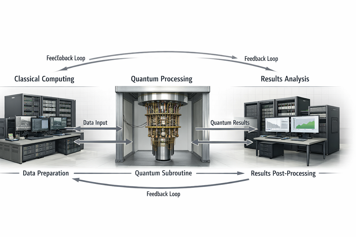 Diagram illustrating a hybrid classical–quantum workflow where classical systems orchestrate data preparation, quantum execution, and result analysis.