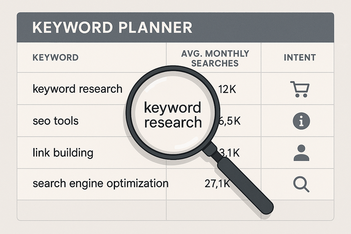 Graphic illustrating keyword research process with search terms and ranking metrics for PPC campaigns.
