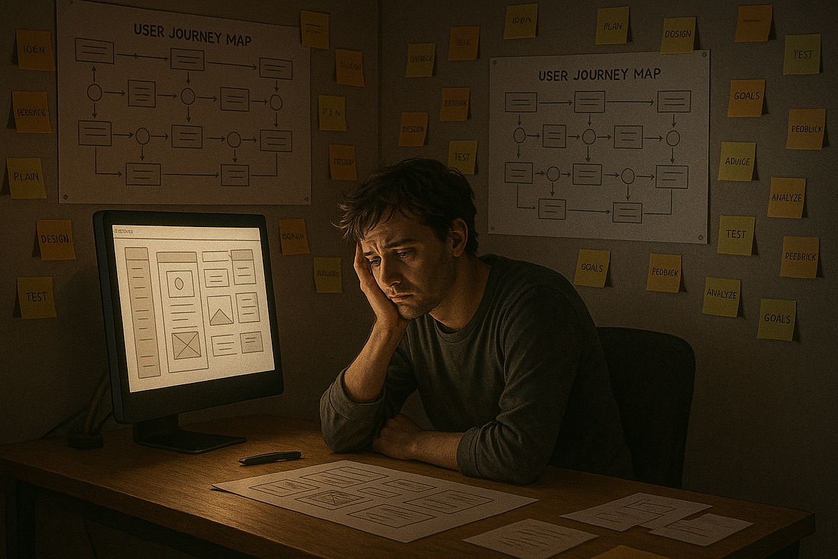 A lone designer sitting at a desk at night, surrounded by user journey maps and sticky notes, the glow of the monitor reflecting a tired but thoughtful face — symbolizing emotional fatigue and reflection.