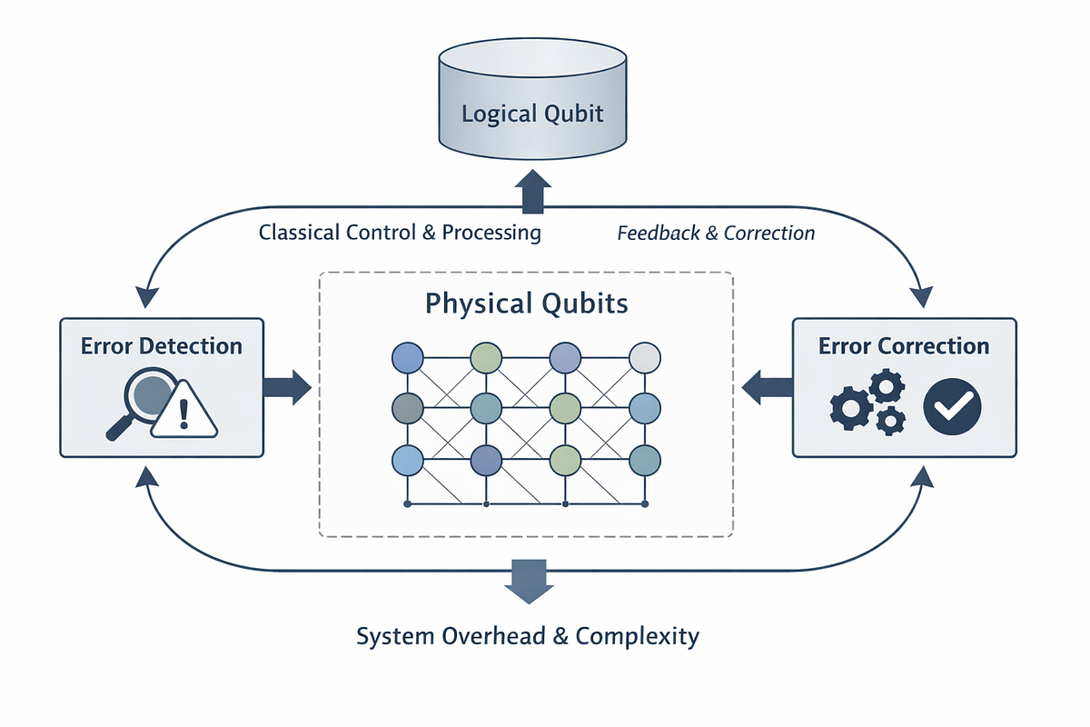 Diagram illustrating quantum error correction, showing how multiple physical qubits are used to form a single logical qubit.