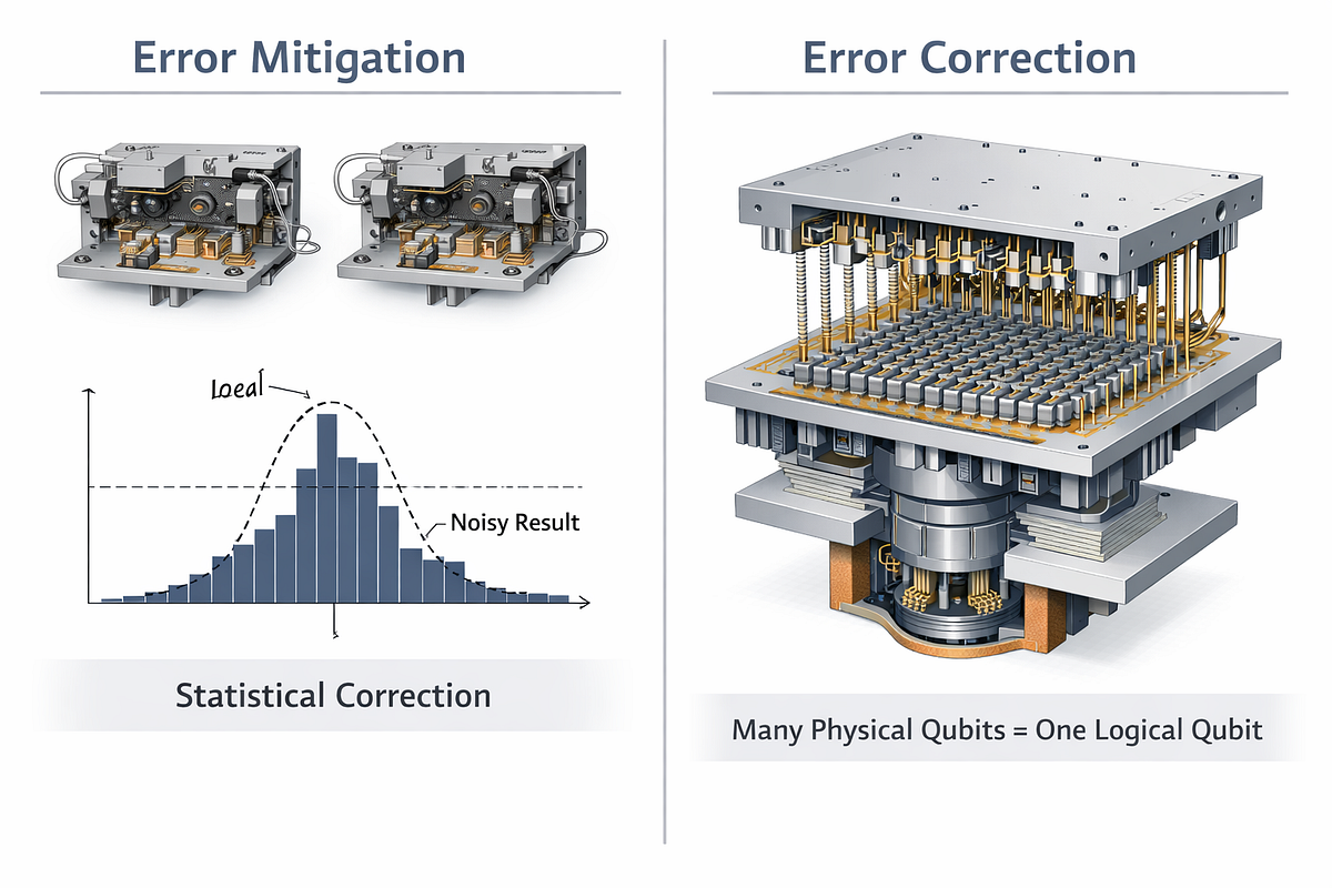 Comparison of quantum error mitigation techniques versus full quantum error correction using logical qubits.