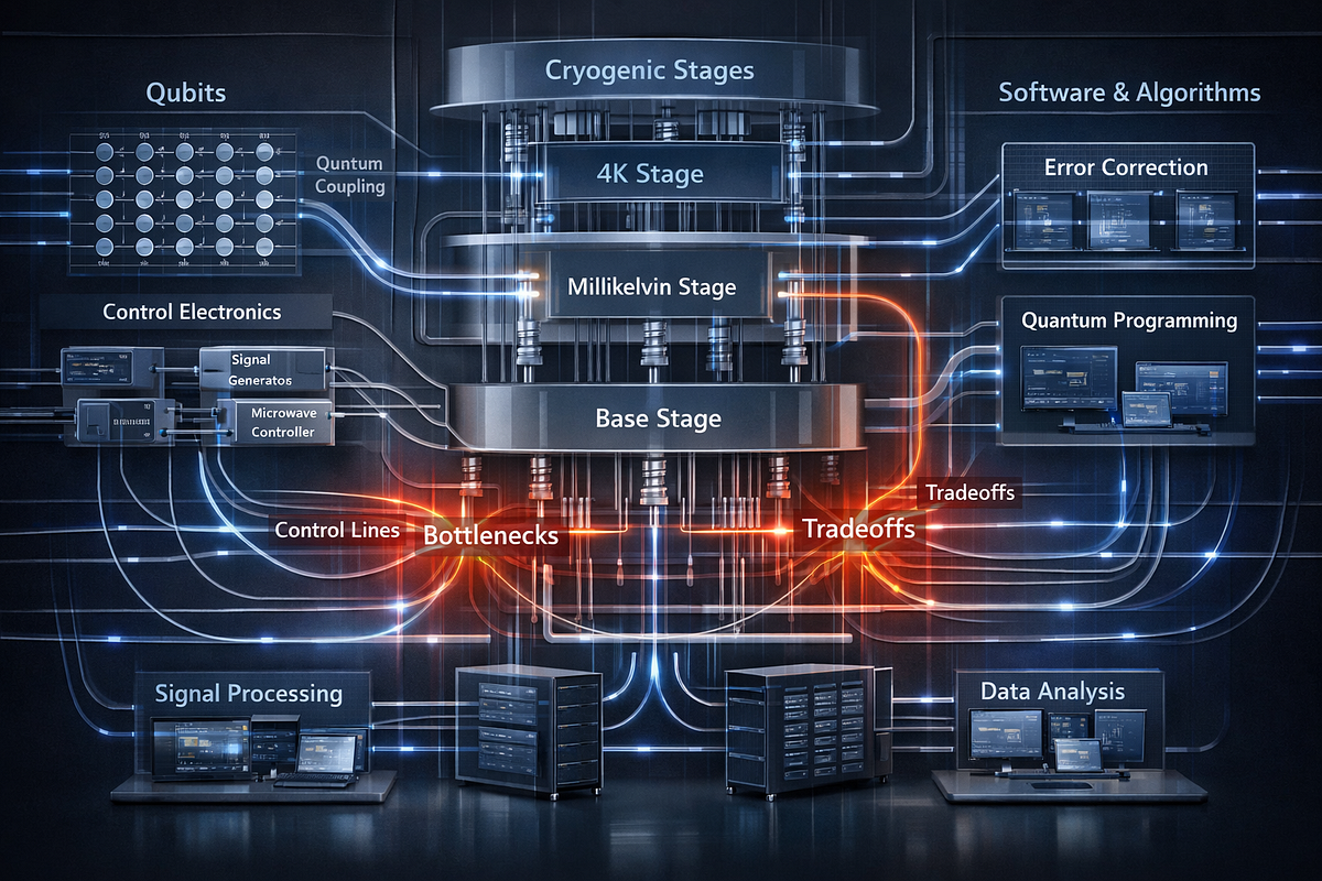Complex interconnected diagram representing the integration challenges in a quantum computing system.