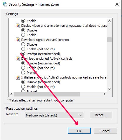 go to Custom Level, and now to Internet Zone window