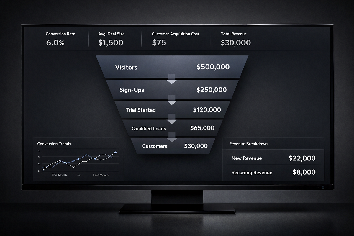 Funnel performance dashboard showing step-by-step revenue impact across a multi-stage marketing funnel.