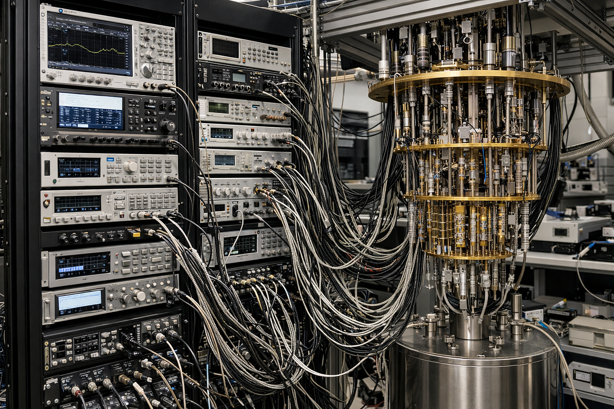 Control electronics racks used to generate and manage signals for operating a quantum processor.