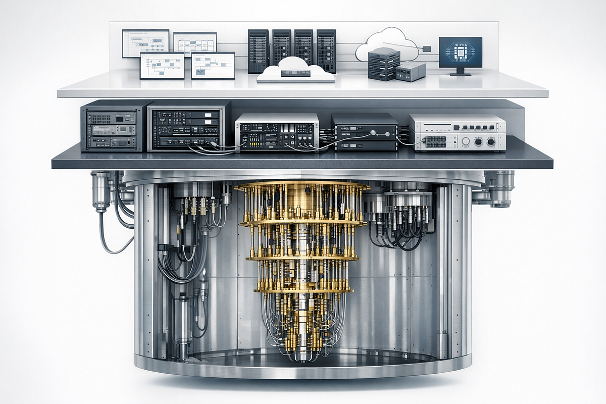 Layered architecture of a quantum computing system from physical qubits and control electronics to software orchestration and hybrid applications.