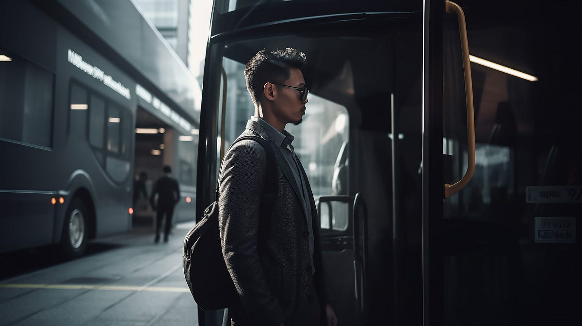 A photo of a young Asian man with sunglasses leaving the bus walking to the office