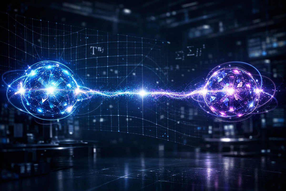 Conceptual illustration of two entangled qubits connected by correlated quantum states