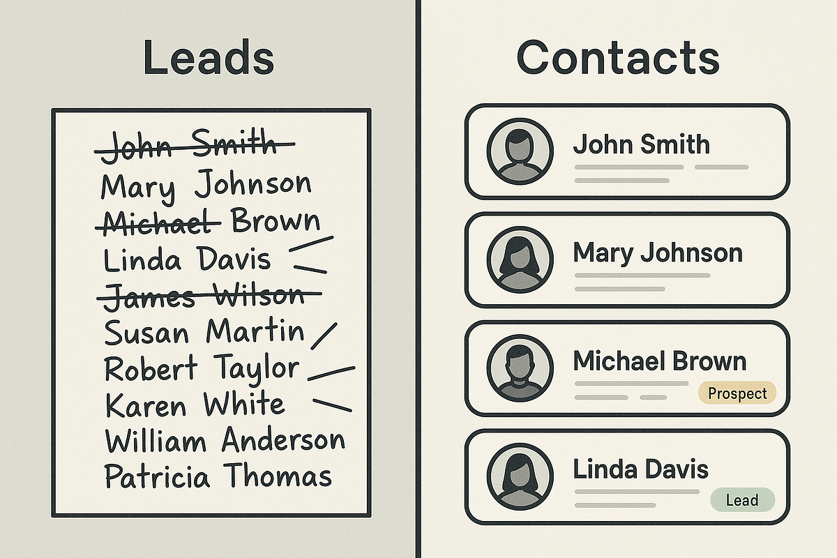 Comparison graphic showing unorganized contacts versus a clean, tag-based segmented lead structure.