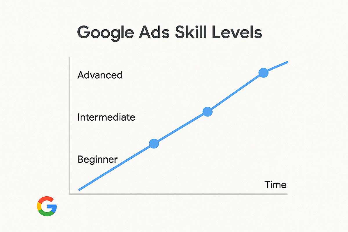 Chart showing a beginner’s improvement in Google Ads skills over time.