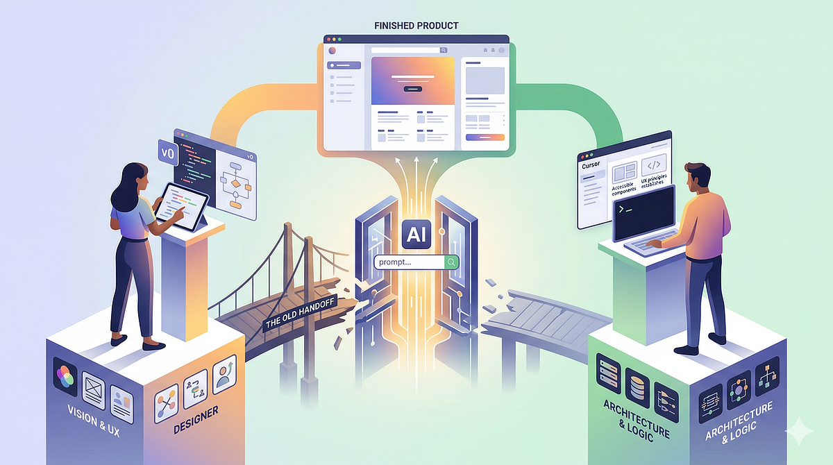 Conceptual illustration of the “Great Divorce” in tech: a designer and a developer working autonomously on separate pedestals, with a crumbling bridge labeled “The Old Handoff” between them. Centralized AI flows connect their specialized inputs — Vision & UX on one side, Architecture & Logic on the other — into a unified, finished product interface at the top.
