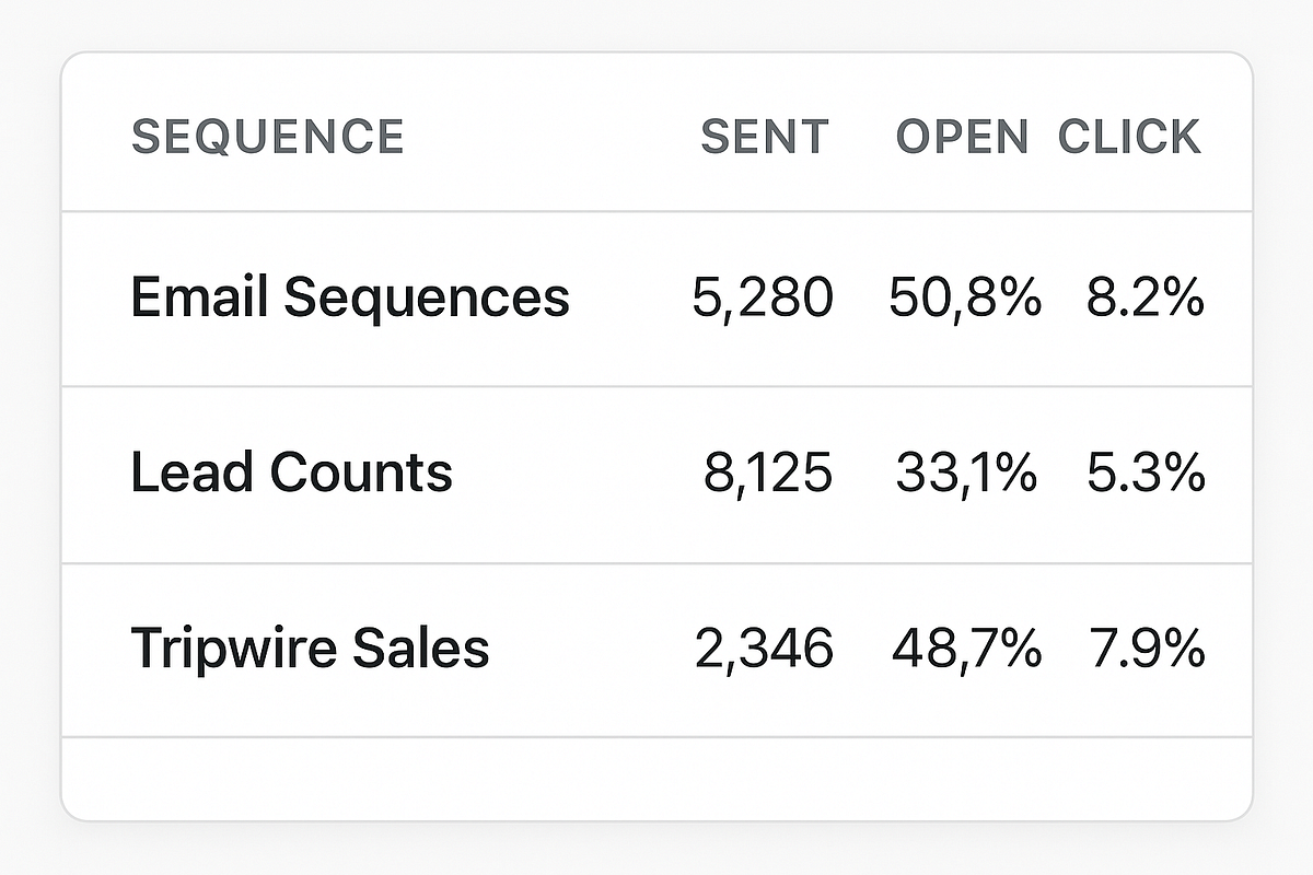 A realistic mockup of email sequence performance metrics and lead generation results.
