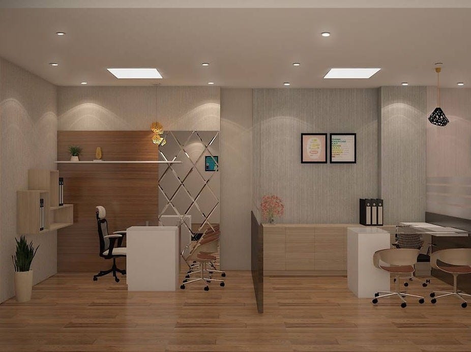 A modern diagnostic workspace interior at Lotus Labs Diagnostics Center in Rohtak, crafted by ArchitectsHive — this design balances functionality with calming aesthetics. Neutral tones, clean lines, and ergonomic furniture create a patient-friendly environment. A refined example of interior in Rohtak and how best interior designers in Rohtak elevate healthcare spaces through smart, minimalist design language.