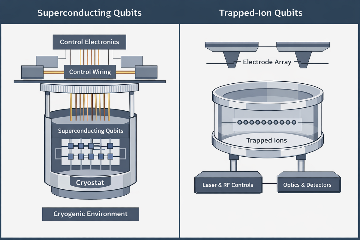 Comparison illustration of superconducting and trapped-ion quantum computing architectures from a system design perspective.