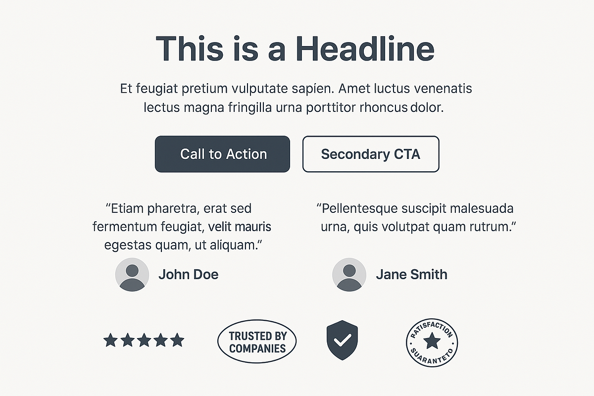 Landing page design mockup showcasing CTA placement, trust signals, and layout optimization for PPC.