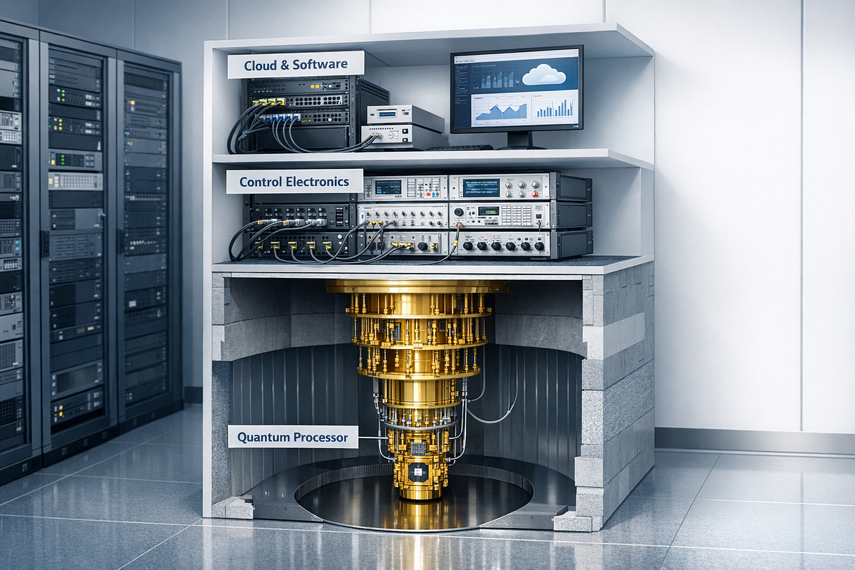 Layered illustration of a quantum computing system showing the quantum processor, control electronics, and cloud software stack working together.
