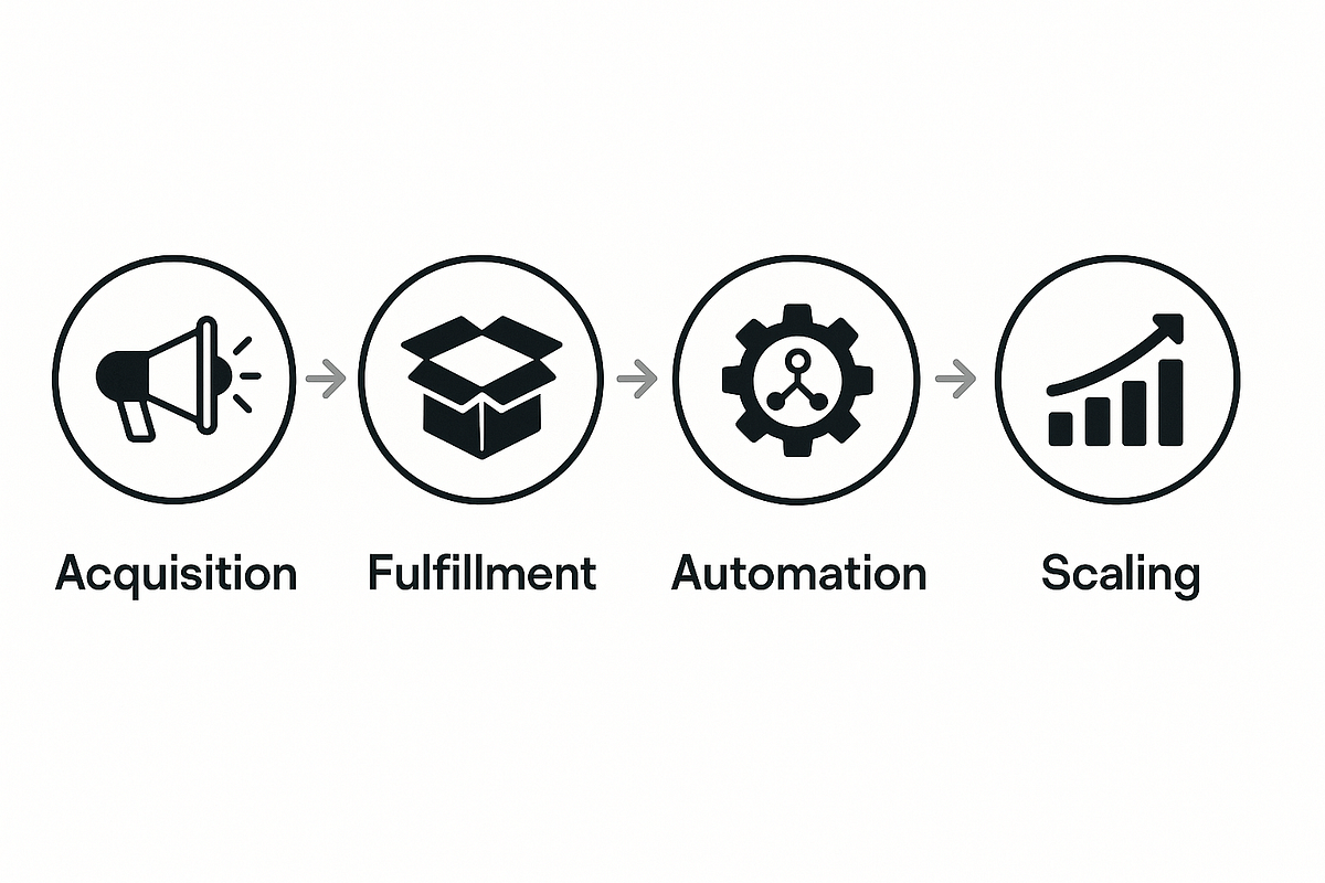 “Digital wealth ecosystem diagram showing acquisition, fulfillment, automation, and scaling.”