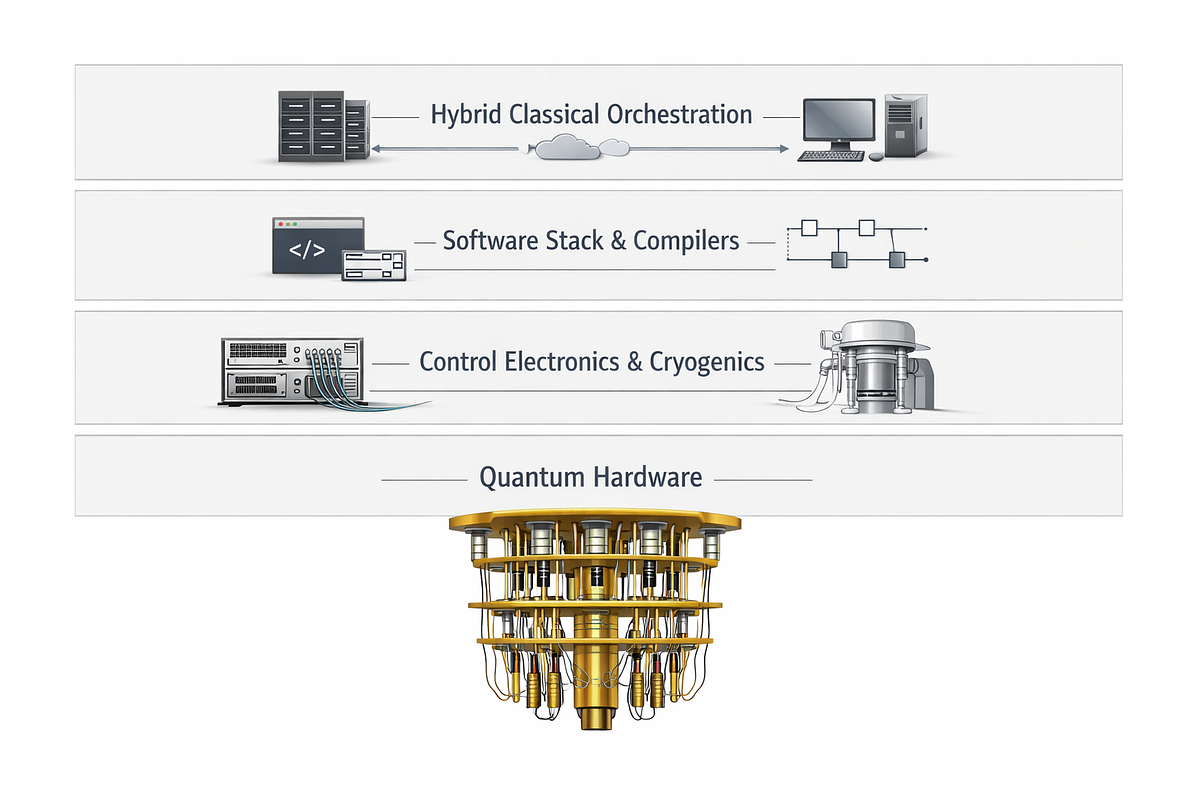 Layered diagram of the quantum computing stack, from quantum hardware and control systems to software, compilers, and hybrid classical orchestration.