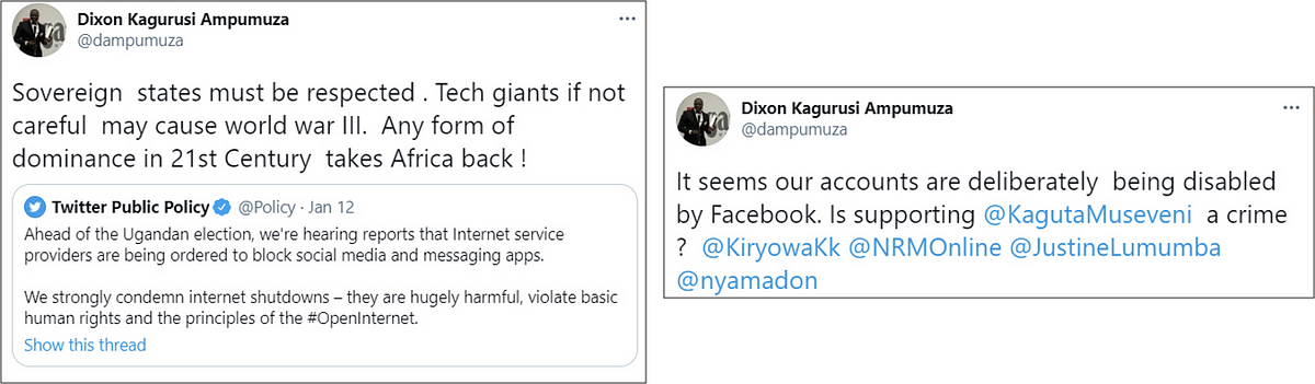 Ampumuza questioned Facebook’s decision to remove NRM-related content, asking if supporting Museveni was a crime. (Source: @dampumuza/archive, left; @dampumuza/archive, right)