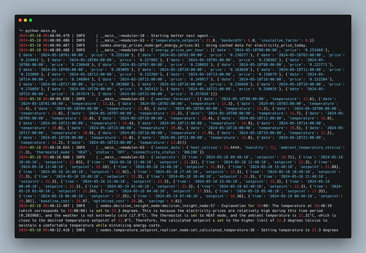 Screenshot of a terminal window displaying logs from running a Python script. The logs provide detailed information about the execution of the “better nest agent.” The log entries are timestamped, showing various stages of the script’s process, including the start of the agent, usage of cached data for electricity prices, fetching weather forecast data, sensor data retrieval, optimal temperature calculation, and decision insights generated by the nodes.