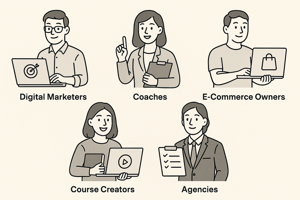 “Illustrated personas representing industries that benefit from email automation tools.”