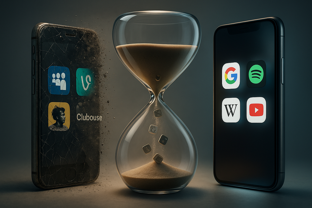 A cracked smartphone with fading apps like MySpace, Vine, and Clubhouse on the left, a glowing modern phone with timeless apps like Google, Spotify, Wikipedia, and YouTube on the right, separated by an hourglass symbolizing the passage of time in digital design.