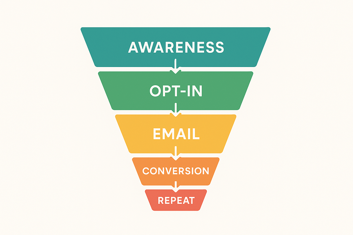 Illustrated funnel diagram showing lead flow from opt-in to automated email to conversion.