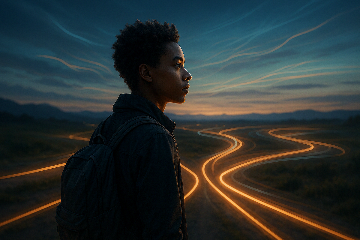 A young person with a backpack stands at dusk, looking ahead as multiple glowing paths branch into different directions, symbolizing divergent thinking and future possibilities.