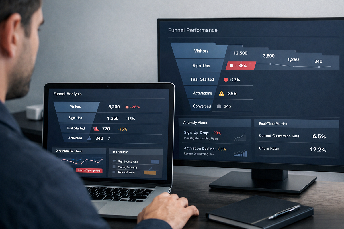 “Marketer monitoring real-time funnel performance metrics to detect conversion issues early.”