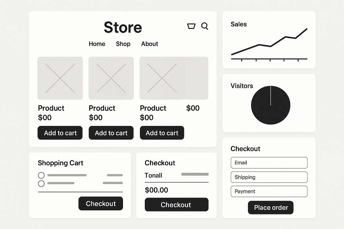 “Modern ecommerce mockup illustrating Shopify’s store, analytics, and checkout tools.”