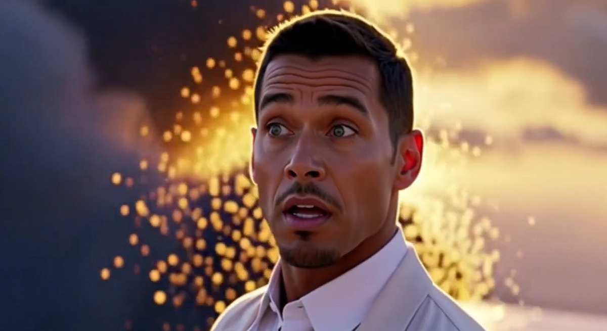 A green eyed man turning to see 2 different realities behind him. Left side behind him is dark smoke and right side behind him features golden clouds,