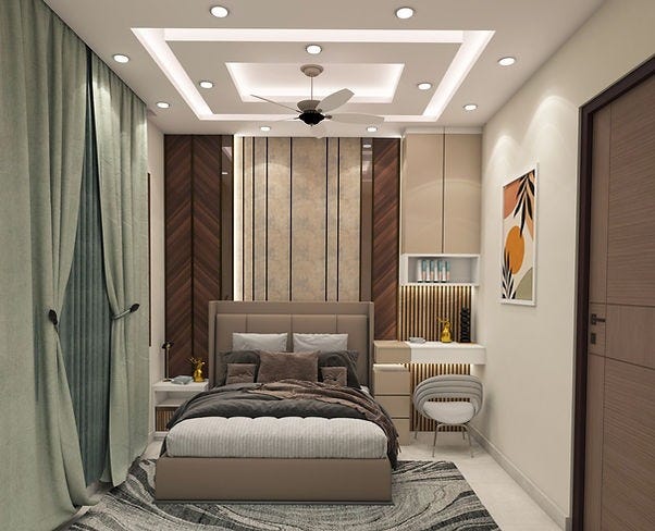 A stylish modern bedroom with layered lighting, wood-textured wall panels, sleek ceiling design, and a cozy neutral palette — thoughtfully crafted by ArchitectsHive, the best interior designer in Gurugram. This elegant layout reflects the signature style of an interior designer in Gurugram, with luxe finishes and smart space planning by top interior decorators in Gurugram, perfect for refined urban living.