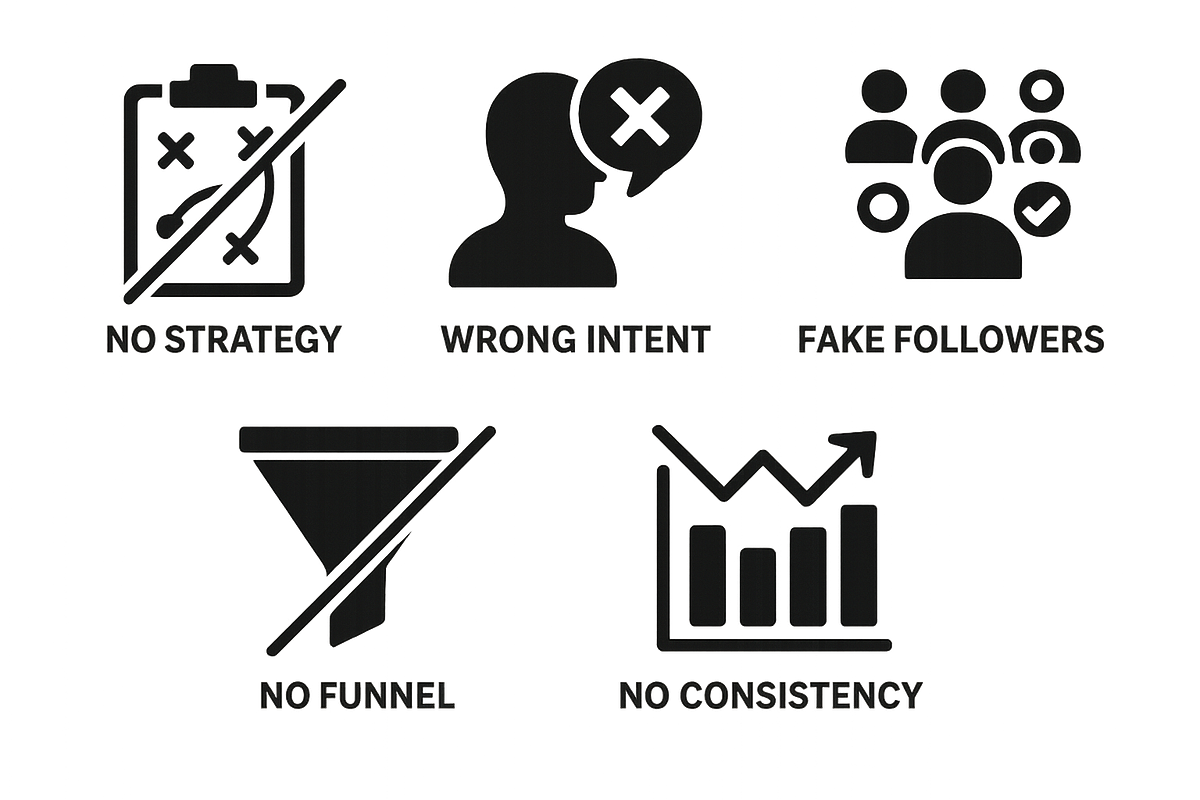 “Icons representing common online traffic mistakes new marketers make.”