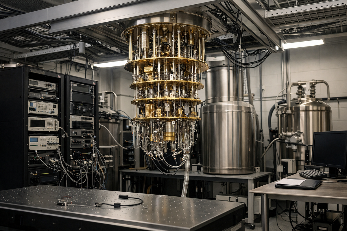 Quantum computing laboratory emphasizing engineering infrastructure and system integration rather than abstract or theoretical concepts.