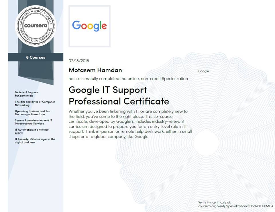 My review to Google IT support professional certificate taught by