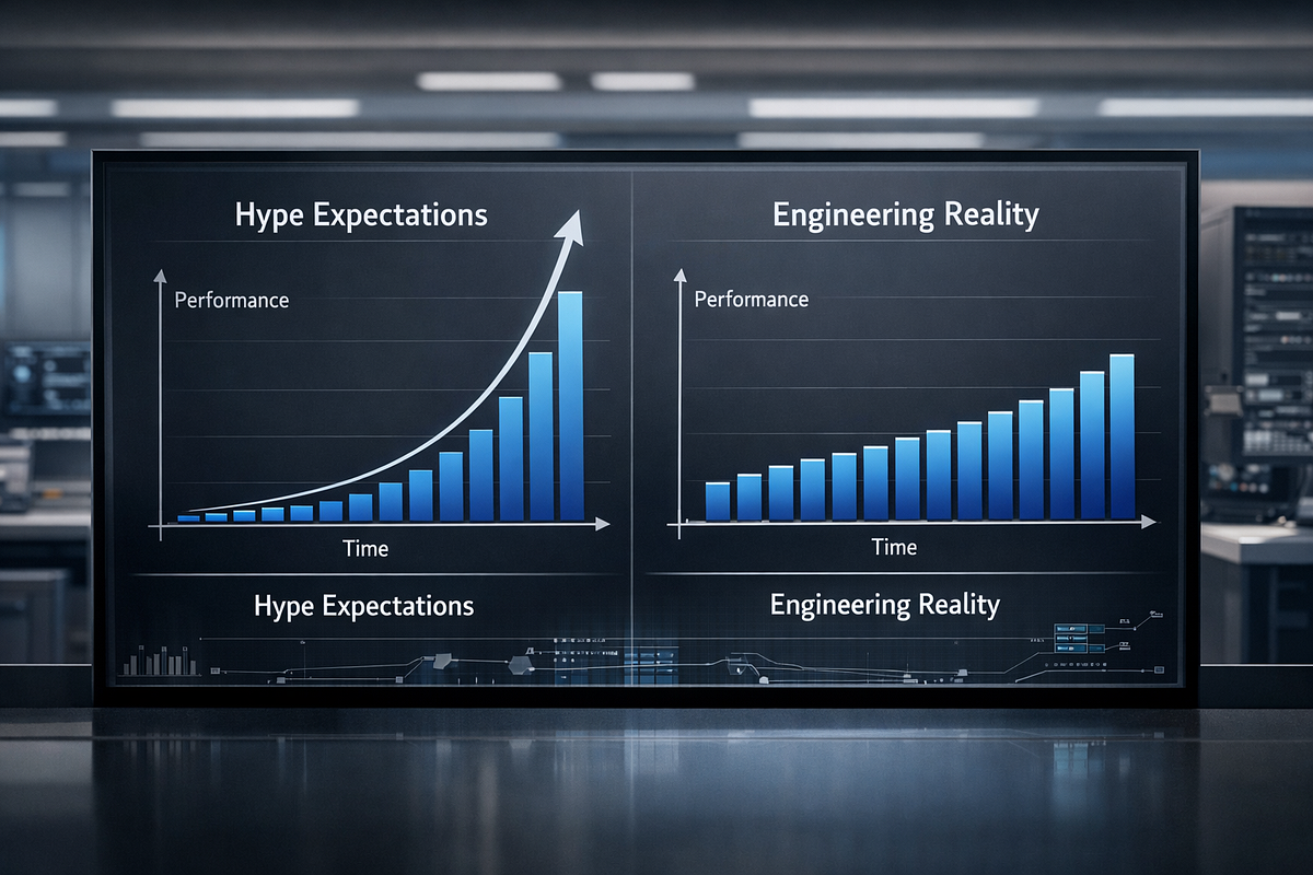 Business-style chart comparing exaggerated quantum computing hype with slower, realistic technological progress.