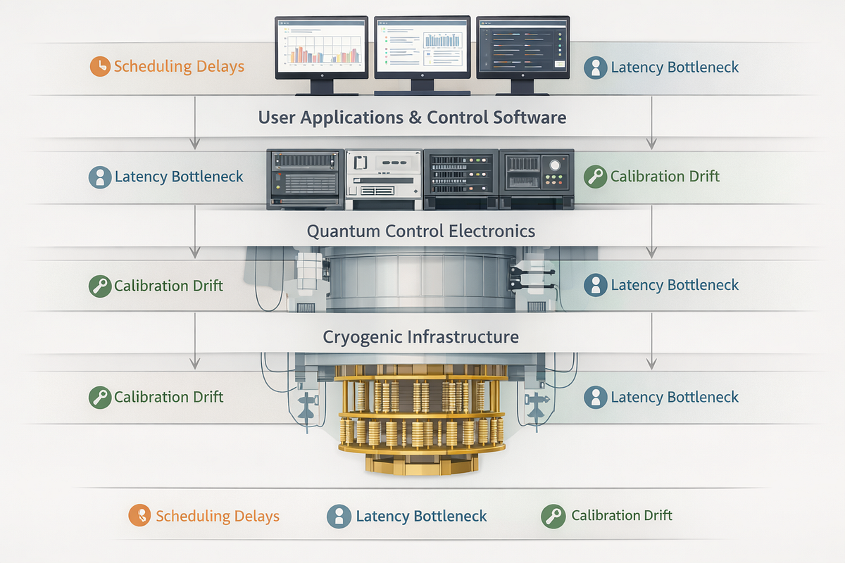 Visualization of architectural bottlenecks in scaled quantum systems, including latency, scheduling, and calibration challenges.