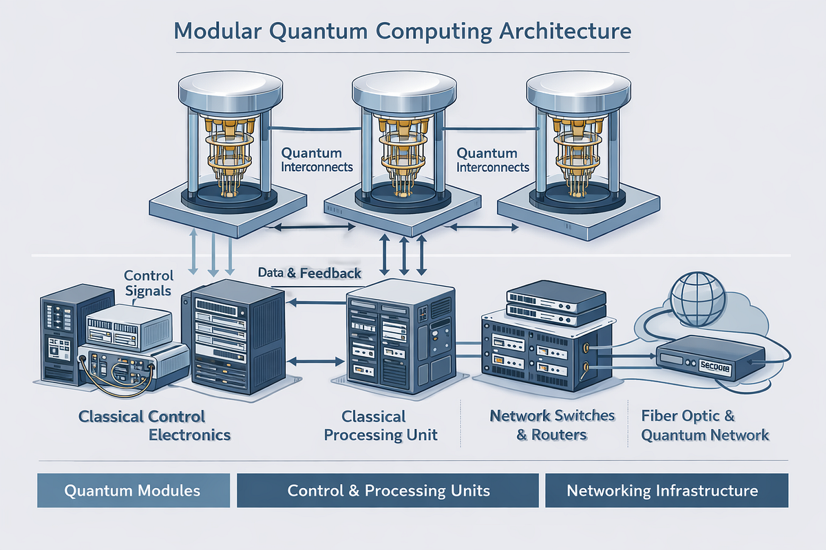 Conceptual diagram of a modular quantum computing architecture designed for scalable and fault-tolerant systems.